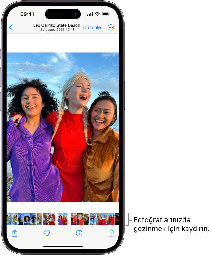 Bir fotoğraf. Ekranın en altında diğer fotoğrafların küçük resimleri var. Sol üstte, fotoğraflara göz attığınız görünüme dönmenizi sağlayan geri düğmesi bulunuyor. En altta Paylaş, Beğen ve Sil düğmeleri var. Sağ üstte Düzenle düğmesi bulunuyor.