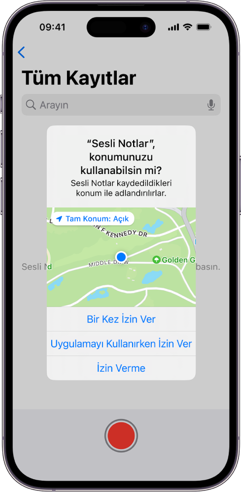 iPhone’daki konum verilerini kullanmak için bir uygulamadan gelen istek. Seçenekler şunlar: Bir Kez İzin Ver, Uygulamayı Kullanırken İzin Ver ve İzin Verme.