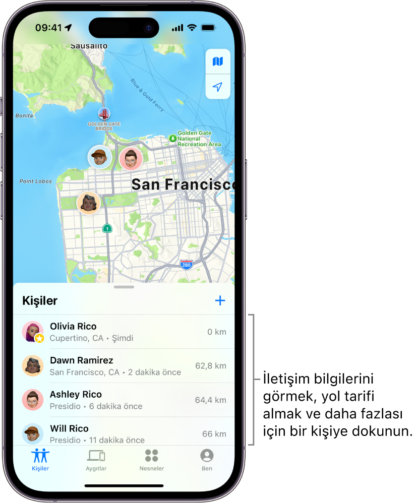 Bul ekranı Kişiler listesinde açılmış. Listede dört kişi var: Damla Gün, Lale Rasimoğlu, Gülsenem Gün ve Can Gün. Konumunuzu paylaşmak için Kişiler listesinin en üstündeki Ekle düğmesine dokunun.