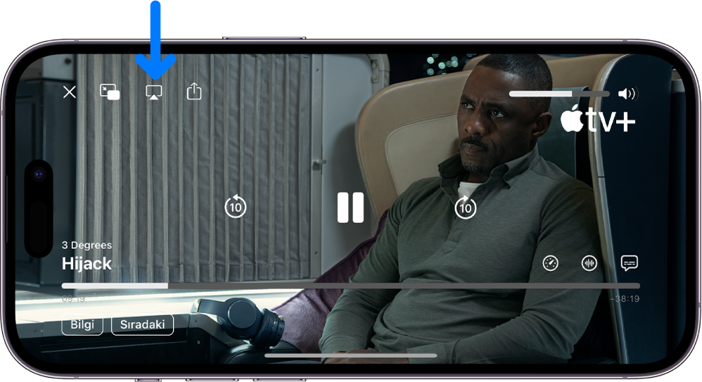 iPhone ekranında bir film oynatılıyor. Ekranın ortasında oynatma denetimleri var. AirPlay düğmesi sol üst tarafta.