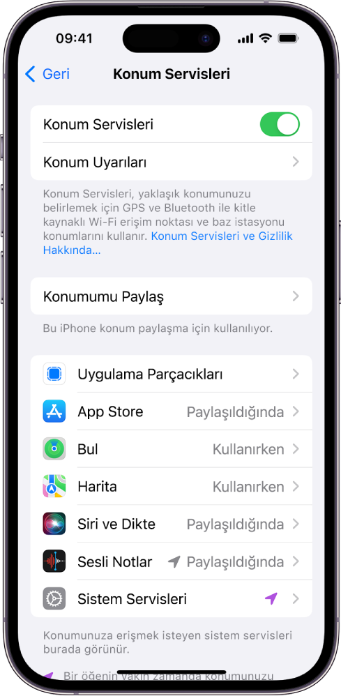 Ayrı uygulamalar için özel ayarlar da dahil olmak üzere iPhone’unuzun konumunu paylaşma ayarları ile Konum Servisleri ekranı.