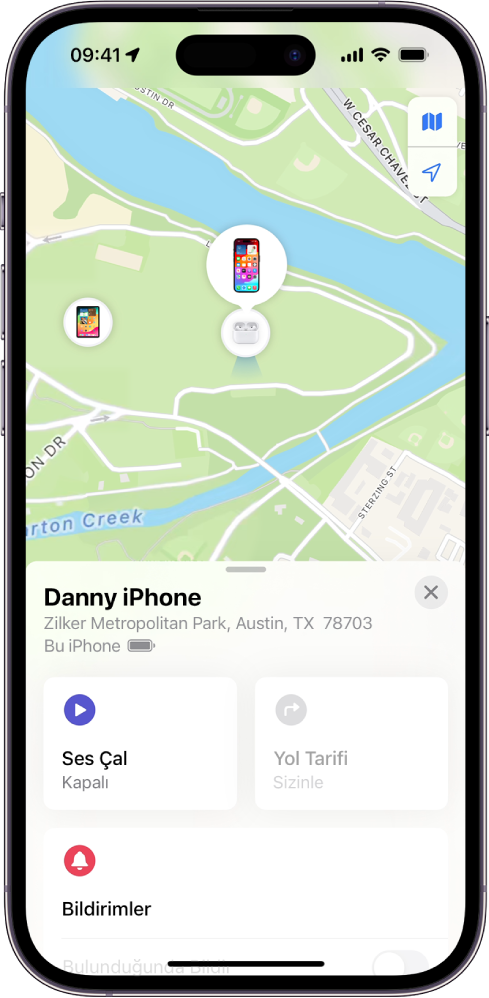 Bul ekranı, ekranın en üstündeki bir haritada bir iPhone’un konumunu gösteriyor.