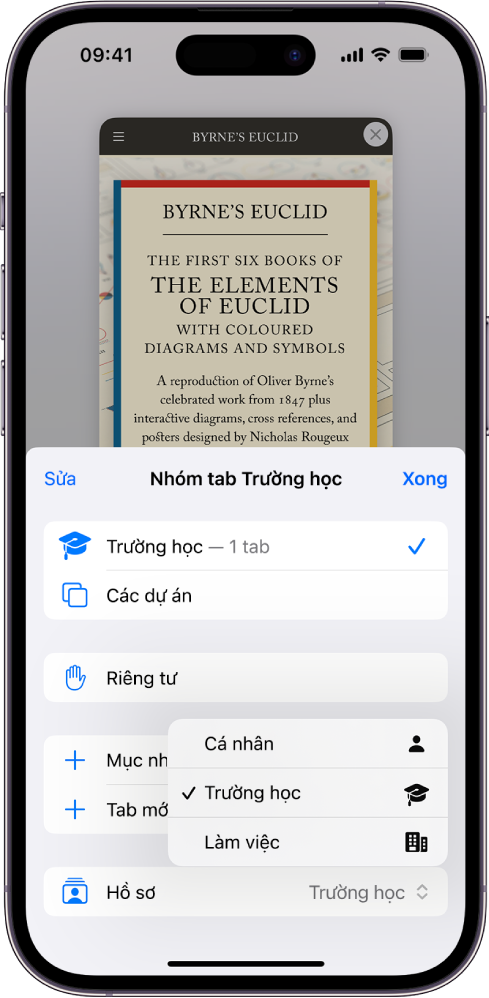 Một hồ sơ có tên là Trường học được chọn trong menu Hồ sơ Safari và menu Nhóm tab trường học được mở ở nửa dưới của màn hình.