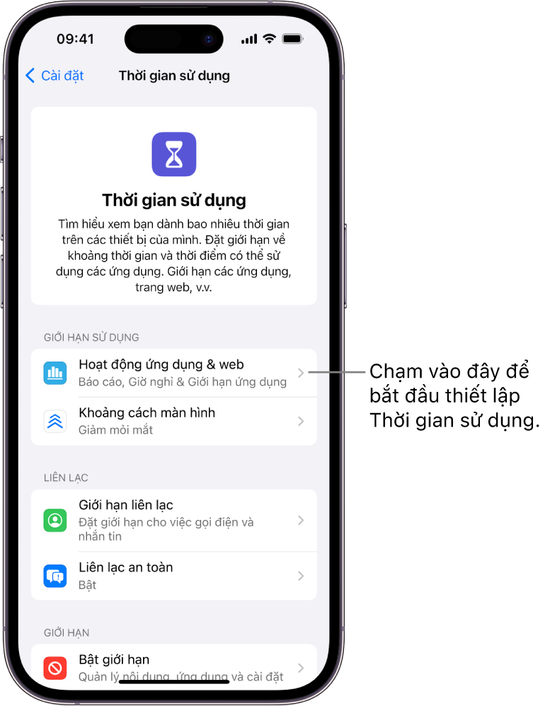 Màn hình thiết lập Thời gian sử dụng, đang cho biết nút Hoạt động ứng dụng & web.