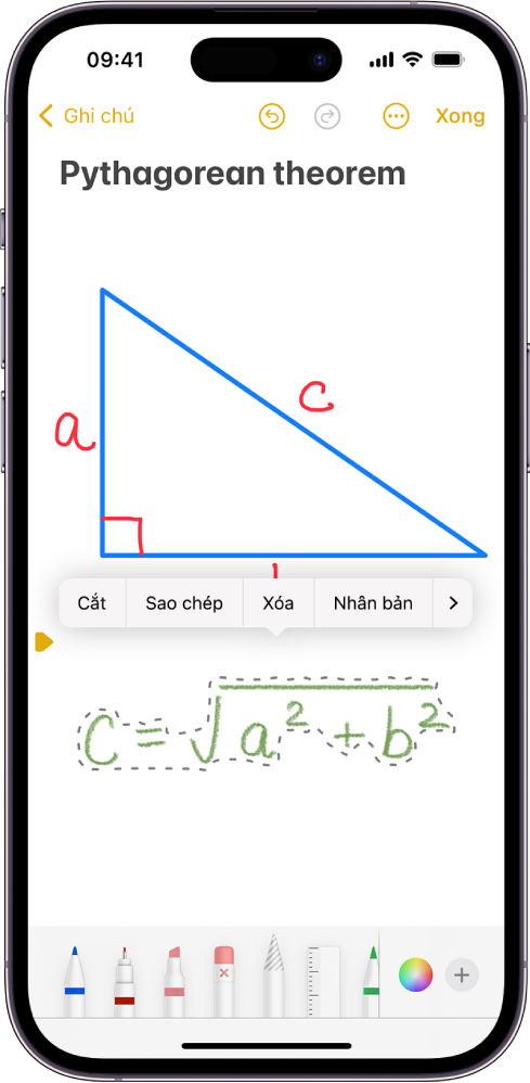 Một ghi chú với một phương trình viết tay được chọn. Phía trên phần được chọn là một menu với các tùy chọn cắt, sao chép, xóa, v.v.