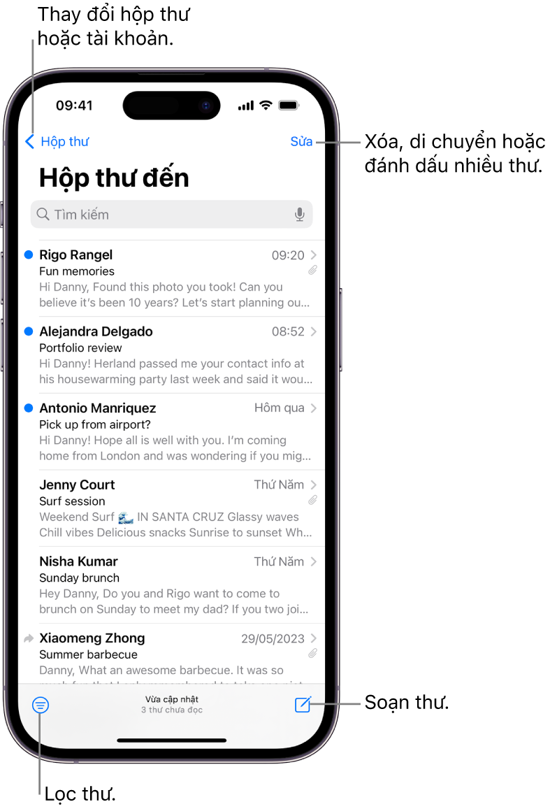 Hộp thư đến của Mail, đang hiển thị một danh sách các email.