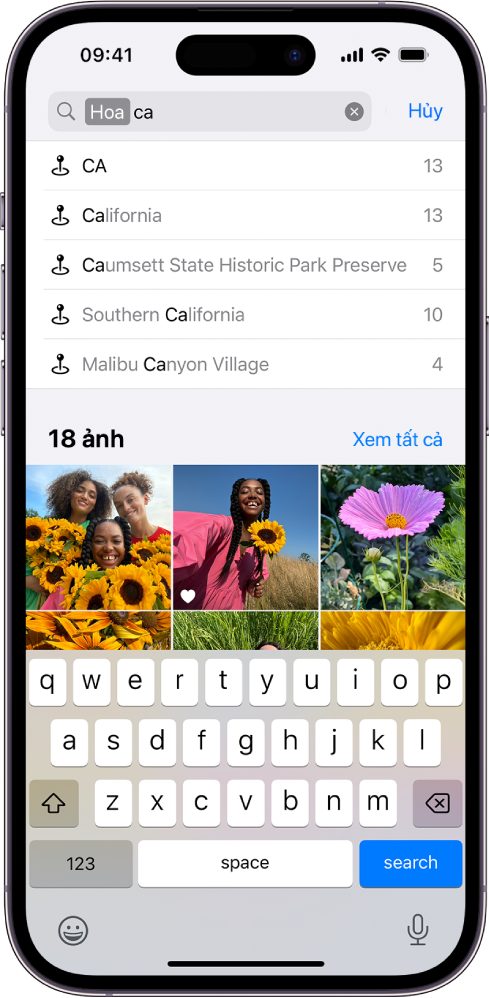 Màn hình Tìm kiếm trong ứng dụng Ảnh. Ở đầu màn hình là trường tìm kiếm và bên dưới đó là các kết quả tìm kiếm.