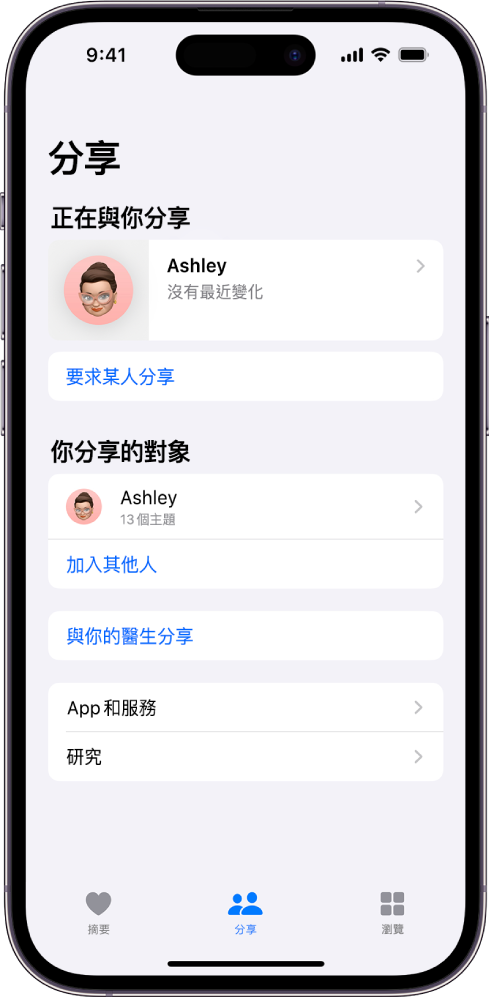 「分享」畫面顯示與你分享的三個人。