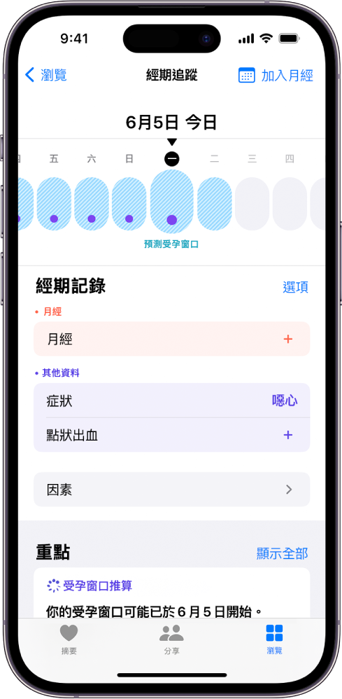 「經期追蹤」畫面，其中最上方附近的時間列顯示推算的受孕窗口。時間列下方是加入經期、症狀等相關資料的選項。