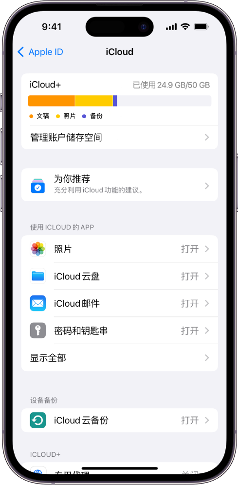 iCloud 设置屏幕，显示 iCloud 储存空间指示器和可配合 iCloud 使用的功能列表，包括“照片”、iCloud 云盘和 iCloud 云备份。