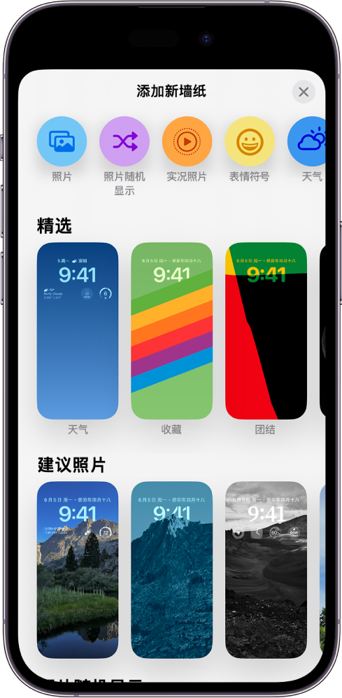 “添加新墙纸”屏幕，显示供自定义 iPhone 锁定屏幕的墙纸图库选项。