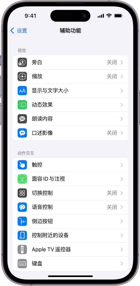 “设置”中的“辅助功能”屏幕，从上到下依次显示以下内建功能：“视觉”功能，其中包括“旁白”、“缩放”、“显示与文字大小”、“动态效果”、“朗读内容”和“口述影像”；“动作交互”功能，其中包括“触控”和“面容 ID 与注视”。