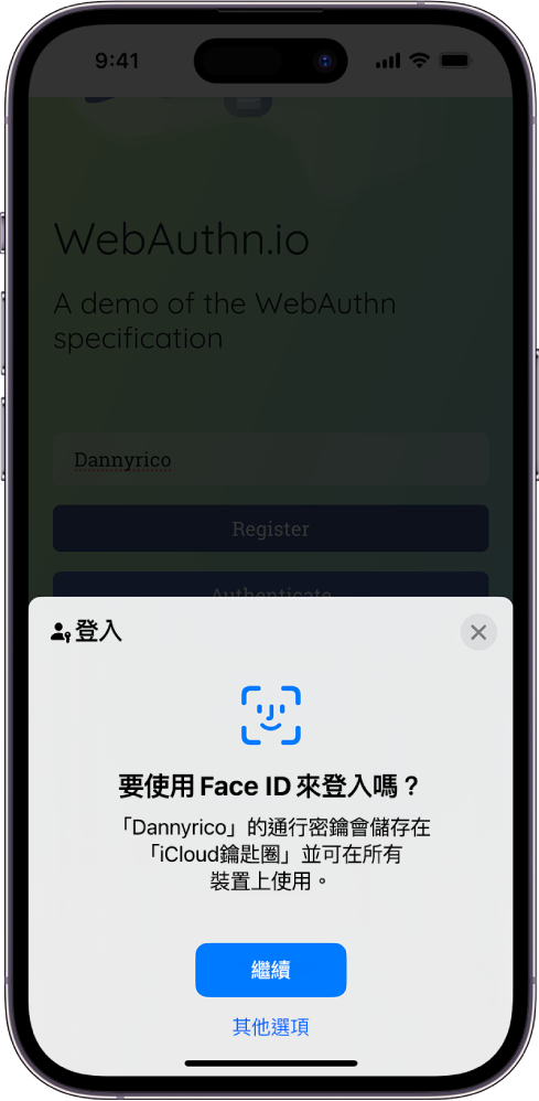 iPhone 螢幕的下半部顯示使用通行密鑰來登入網站的選項。提供用來儲存通行密鑰的「繼續」按鈕以及「其他選項」按鈕。