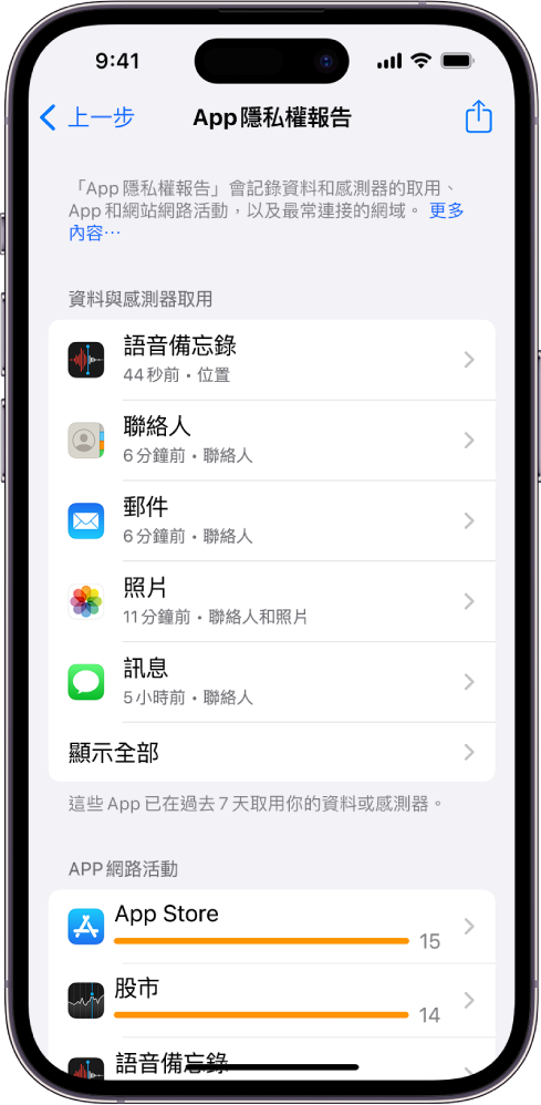 「App 隱私權報告」列出類別「資料與感測器取用」中五個 App 的相關資訊，以及類別「App 網路活動」中三個 App 的相關資訊。