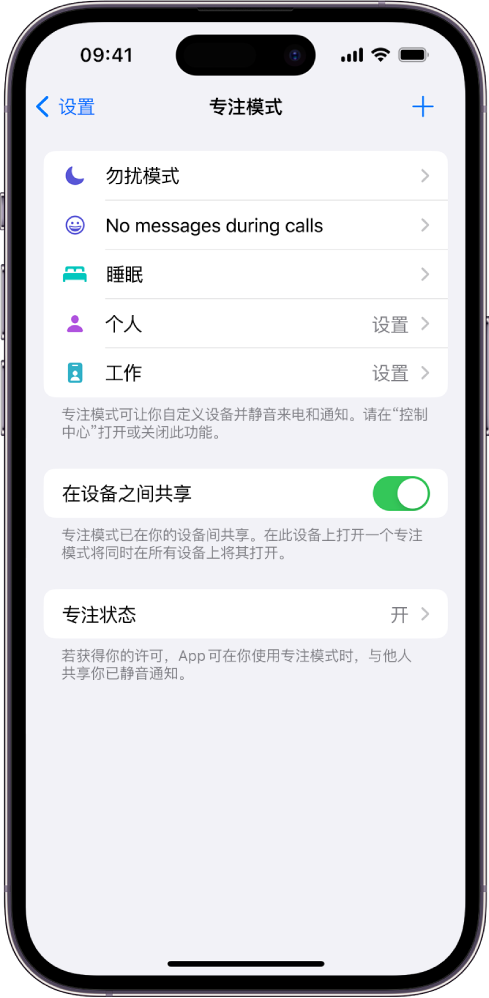 屏幕显示五个提供的专注模式选项：“勿扰模式”、“通话期间不收发信息”、“睡眠”、“个人”和“工作”。“在设备之间共享”选项已打开，可允许跨 Apple 设备使用相同的专注模式设置。
