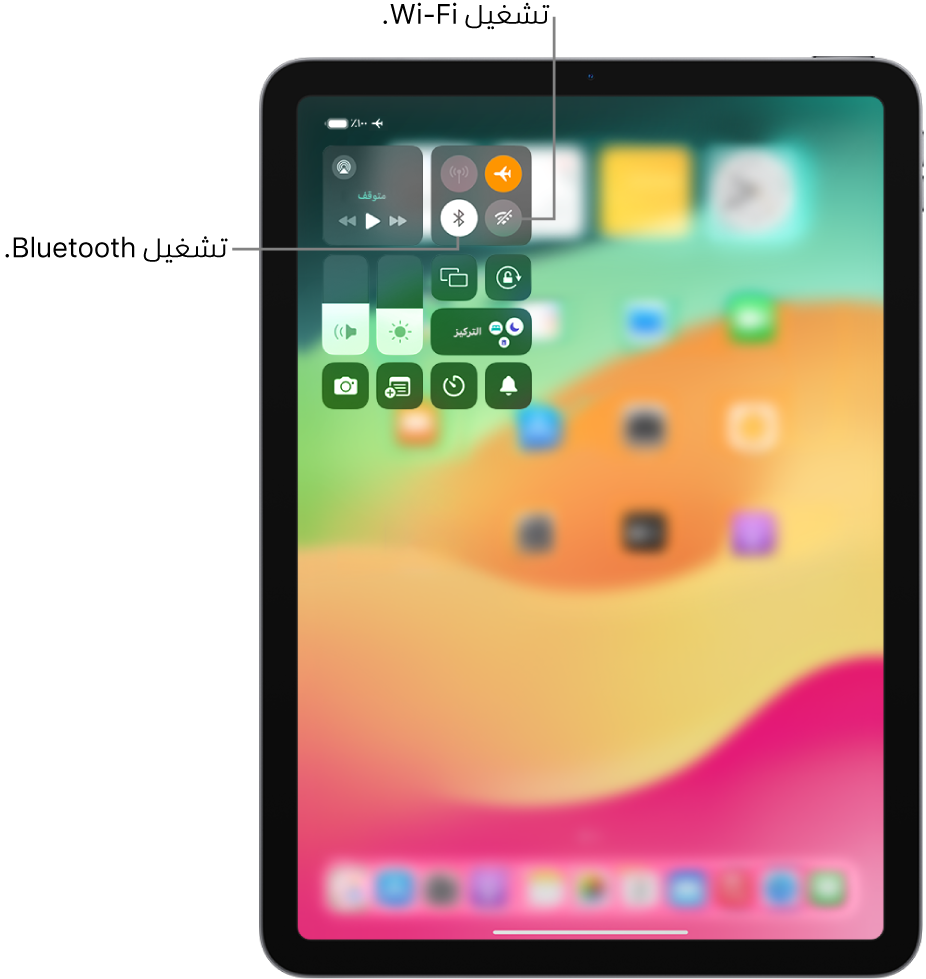 مركز التحكم على iPad يعرض نمط الطيران قيد التشغيل. تقع أزرار تشغيل Wi-Fi و Bluetooth بالقرب من الزاوية العلوية اليمنى من مركز التحكم.