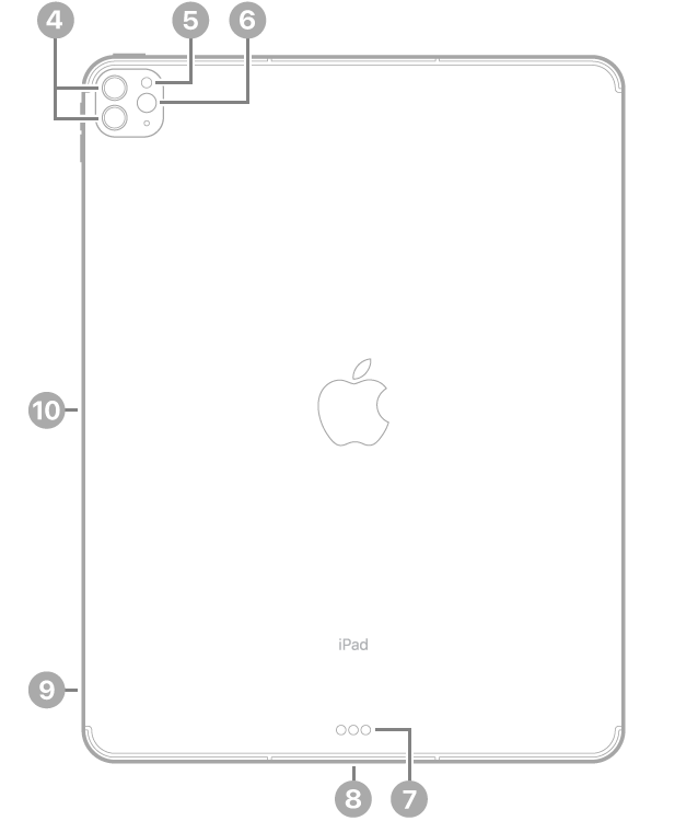 عرض للجزء الخلفي من iPad Pro مع وسائل شرح للكاميرات الخلفية والفلاش في أعلى اليسار، والموصل الذكي وثندربولت / USB 4 في أسفل الوسط، وحامل الشريحة (في طرز Wi-Fi   خلوي) في أسفل اليسار، والموصل المغناطيسي لقلم Apple على اليسار.