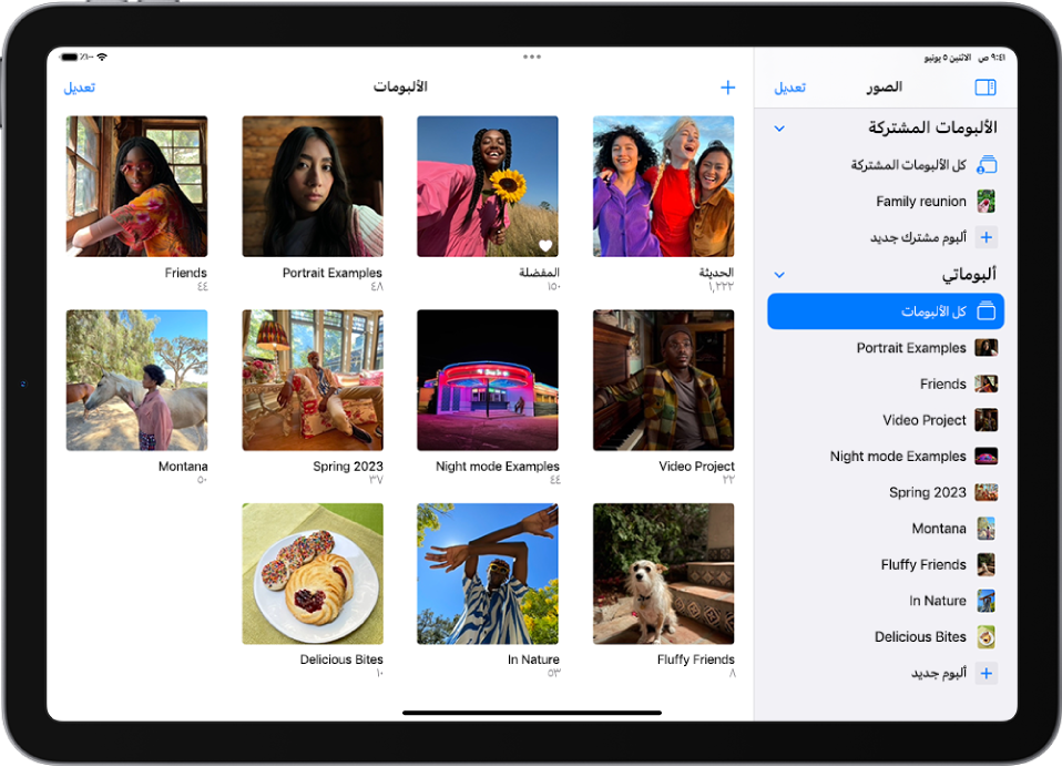 الشريط الجانبي لتطبيق الصور مفتوح على الجانب الأيمن من الشاشة. أسفل عنوان ألبوماتي، كل الألبومات محددة. يعرض الجزء المتبقي من شاشة iPad صورًا مصغرة من الألبوم في مربعات.
