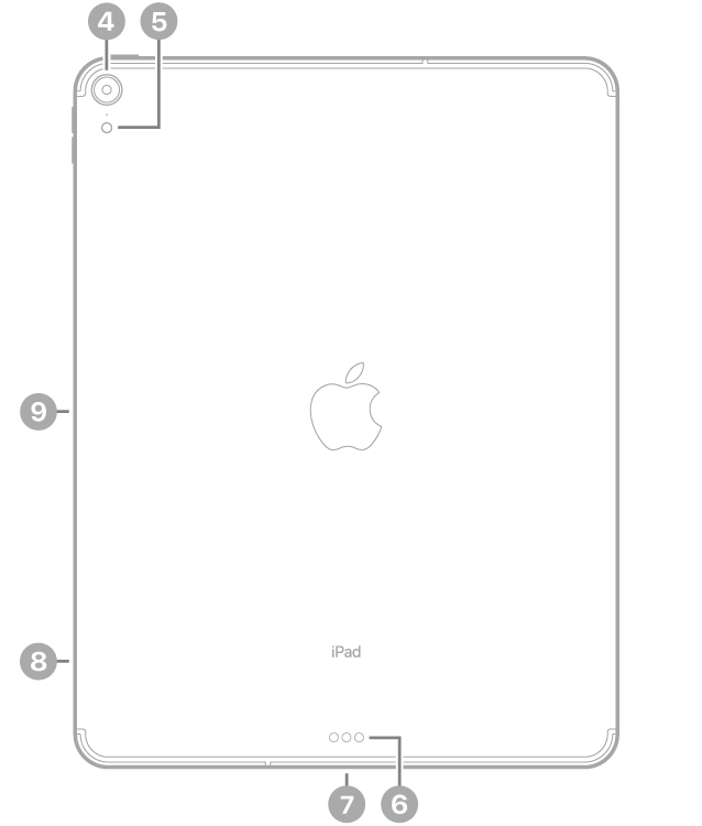 عرض للجزء الخلفي من iPad Pro مع وسائل شرح للكاميرا الخلفية والفلاش في أعلى اليسار، والموصل الذكي و USB-C في أسفل الوسط، وحامل الشريحة (في طرز Wi-Fi   خلوي) في أسفل اليسار، والموصل المغناطيسي لقلم Apple على اليسار.