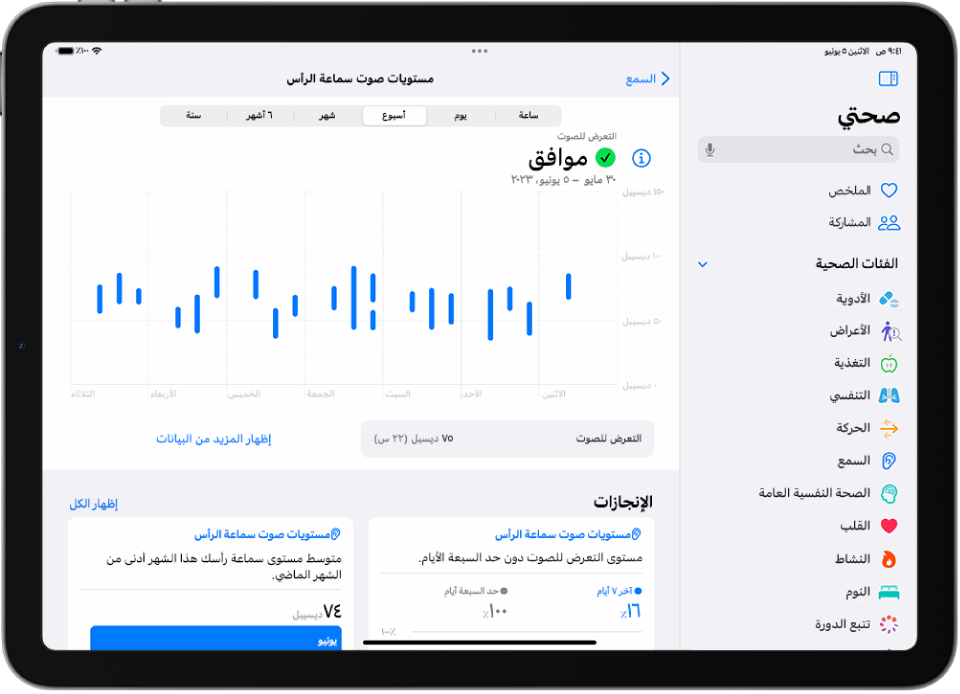 شاشة السمع في تطبيق صحتي تعرض نطاق مستويات صوت سماعة الرأس خلال أسبوع.