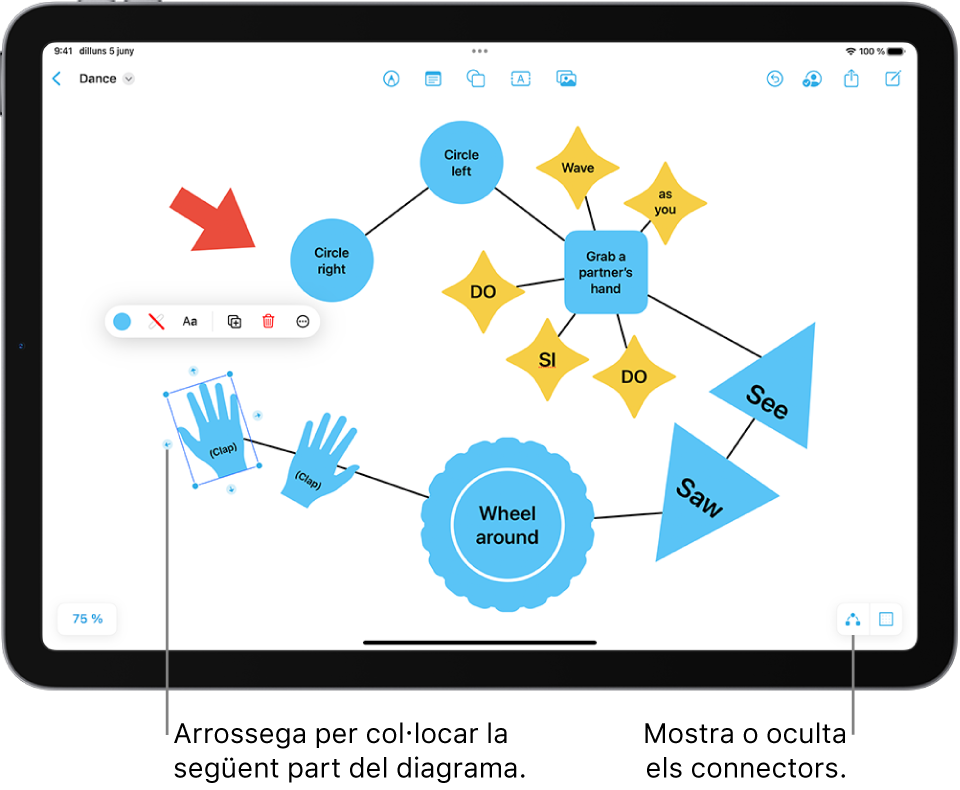 Un diagrama en una pissarra de l’app Freeform en què es mostren els connectors d'una forma seleccionada i, a sobre, hi ha les eines de format de la forma.