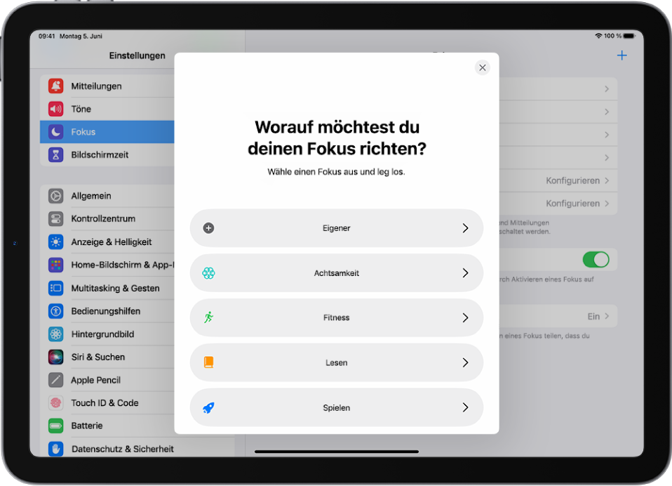 Abbildung einer Fokus-Konfiguration für eine der zusätzlich bereitgestellten Fokus-Optionen wie „Eigener“, „Fitness“, „Spielen“, „Achtsamkeit“ und „Lesen“