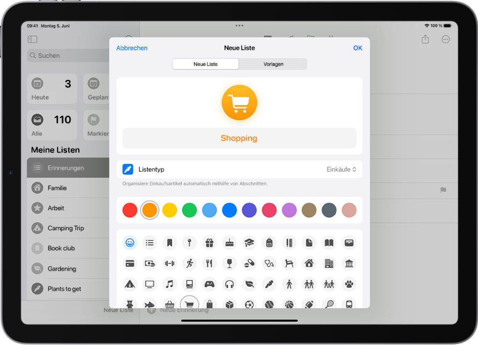 Der Bildschirm zum Erstellen einer neuen Liste in „Erinnerungen“. Du kannst Namen, Listentyp, Farbe und Symbol anpassen.