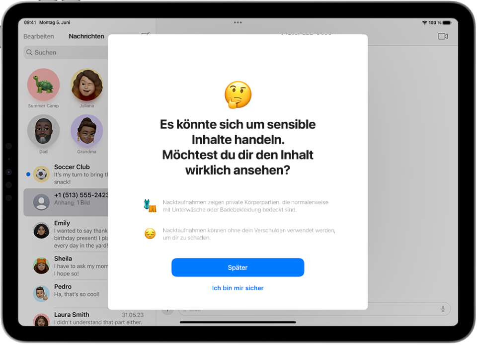 Ein Bildschirm mit einer Warnung, dass eine Nachricht möglicherweise sensible Bilder enthält. Unten werden Optionen zum Erhalten von Hilfe und zum Ignorieren der Warnung angezeigt.