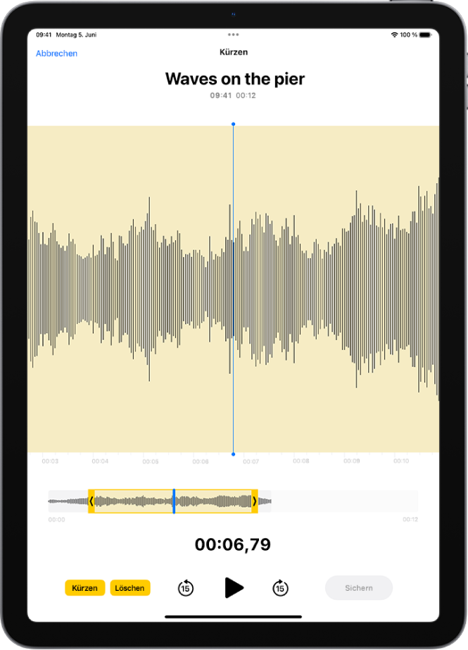 Eine Aufnahme, die bearbeitet wird, mit den gelben Aktivpunkten links und rechts von einer Sequenz der Audiowellenform unten auf dem Bildschirm. Links neben den Steuerelementen für die Wiedergabe befindet sich die Taste „Kürzen“ (zum Entfernen des Bereichs der Aufnahme außerhalb der Aktivpunkte) und die Taste „Löschen“ (zum Löschen des Bereichs außerhalb der Aktivpunkte).