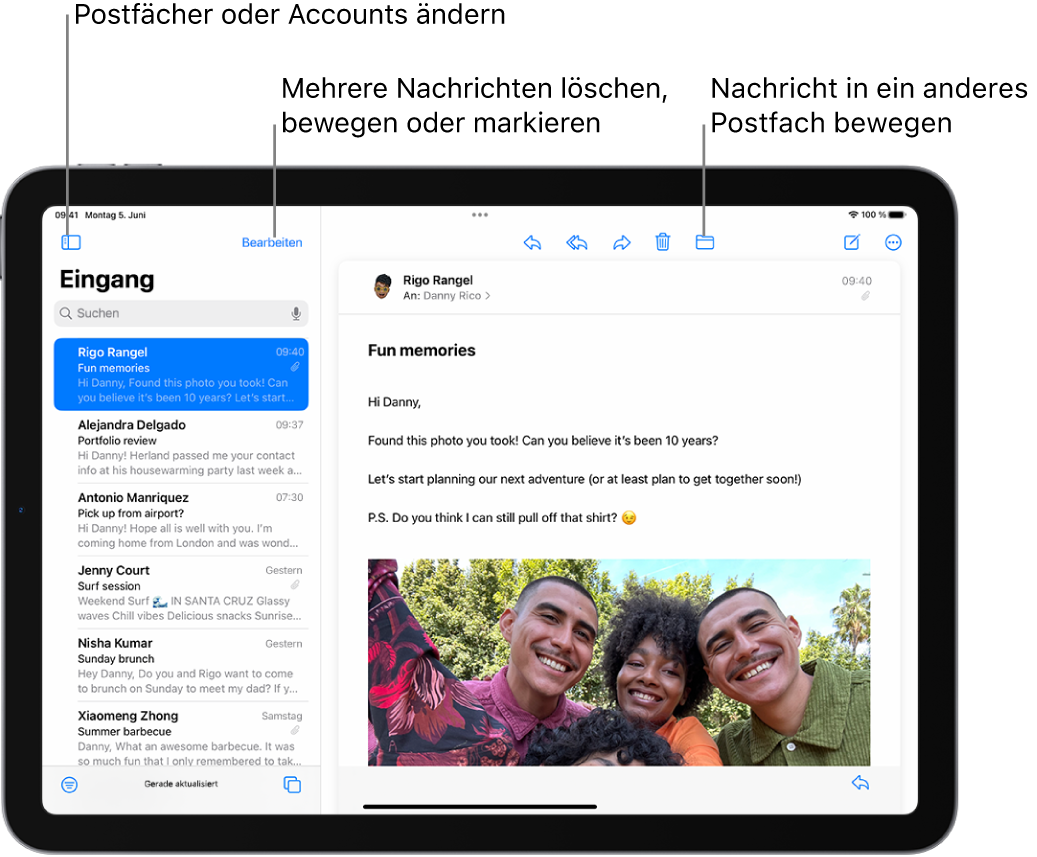 Der Posteingang der App „Mail“ mit einer E-Mail-Liste auf der linken Seite und einer geöffneten E-Mail auf der rechten Seite.