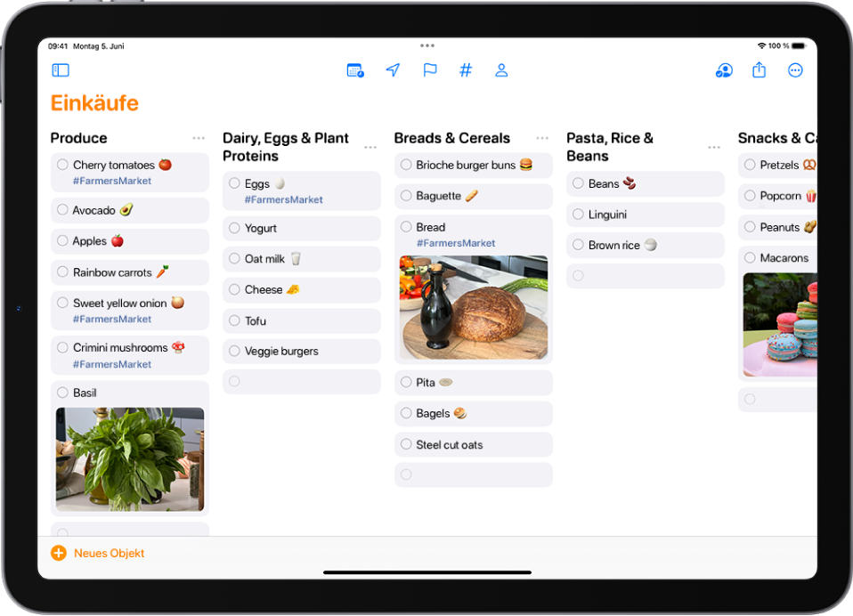 Eine Einkaufsliste in der App „Erinnerungen“ mit den in Spalten angeordneten Kategorien. Unten links befindet sich die Taste „Neues Objekt“.