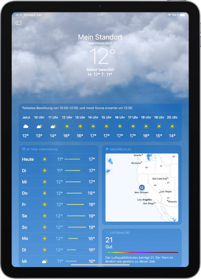 Auf dem Bildschirm „Wetter“ ist von oben nach unten Folgendes zu sehen: der Standort, die aktuelle Temperatur, die Höchst- und Tiefsttemperaturen des Tages, die stündliche Vorhersage und die 10-Tage-Vorhersage auf der linken Seite sowie eine Niederschlagskarte und die Skala für die Luftqualität auf der rechten Seite des Bildschirms.