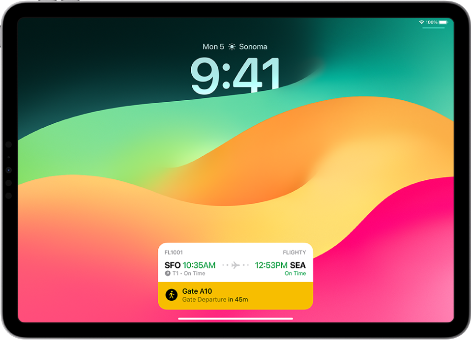 An iPad Lock Screen with a Live Activity—an airline flight tracker showing flight times and expected departure interval for a flight being tracked.