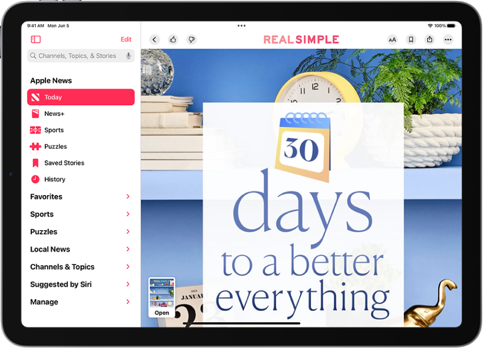 A magazine story from Apple News , with a thumbnail image of the magazine in the lower-left corner. The sidebar is on the left with Today highlighted.