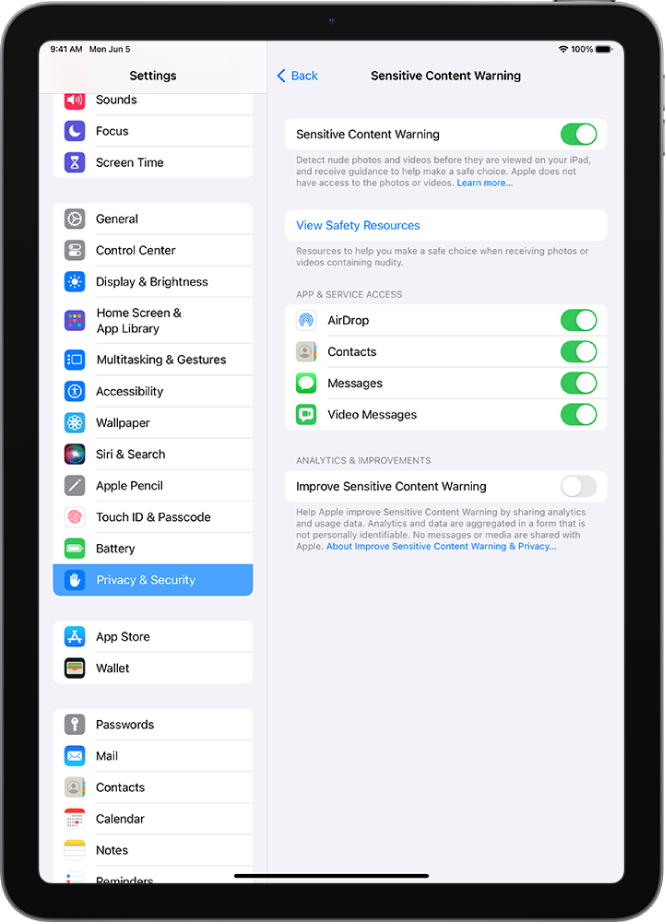 The settings for Sensitive Content Warnings, with a link labeled “View Safety Resources” and a button labeled “Improve Sensitive Content Warning” for sharing analytics and usage data with Apple.