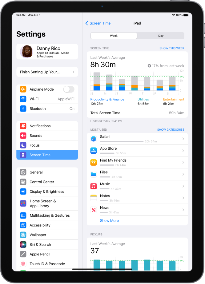 A Screen Time weekly report showing the total amount of time spent on apps, by category and by app.