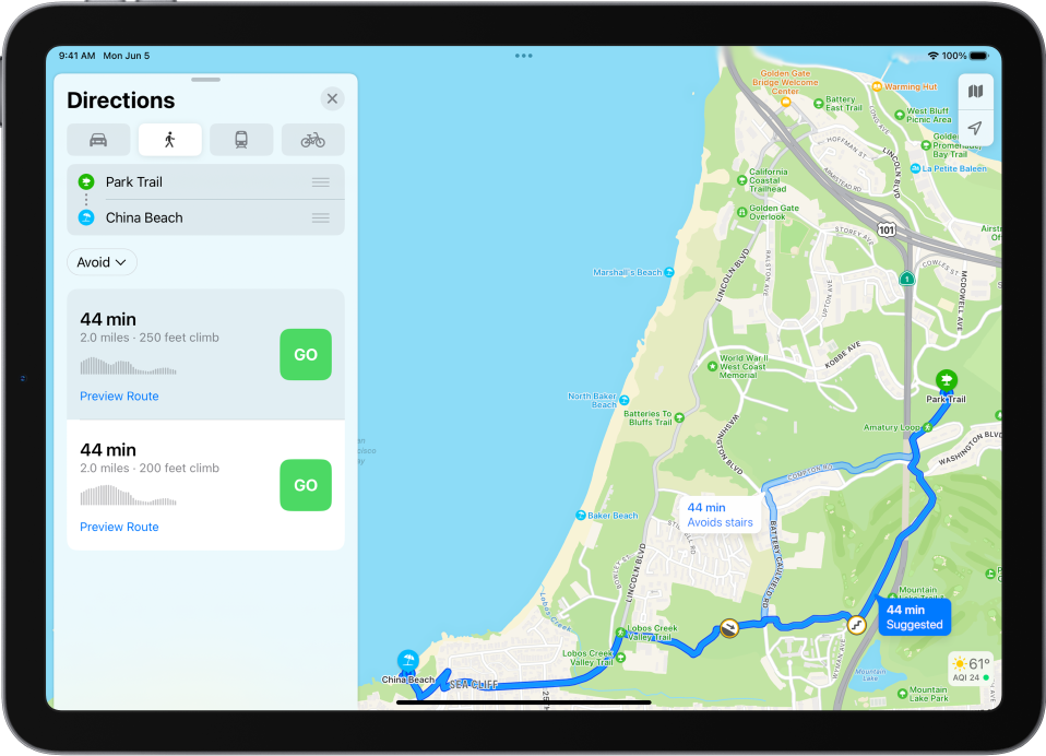 A map with two walking routes, each listed with a Go button in the route card on the left.