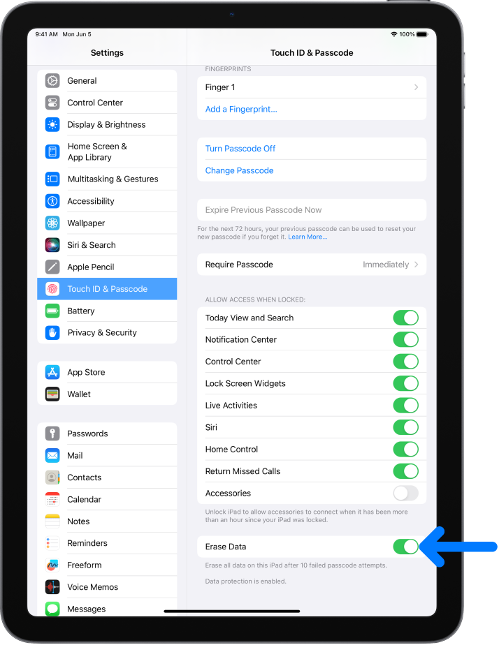 The Erase Data control, located at the bottom of the Touch ID & Passcode screen in Settings.