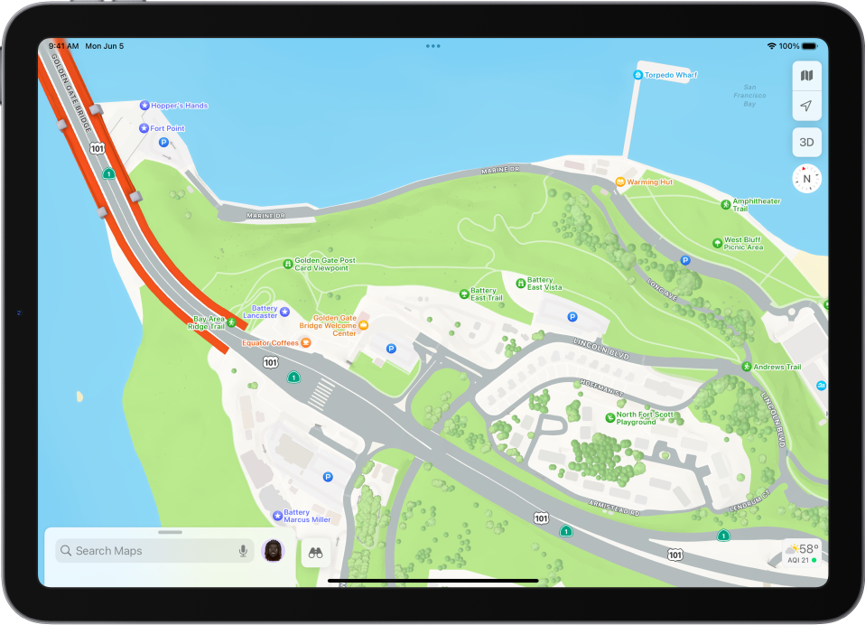 A street and park map showing trees, points of interests, and features like trails and viewpoints.