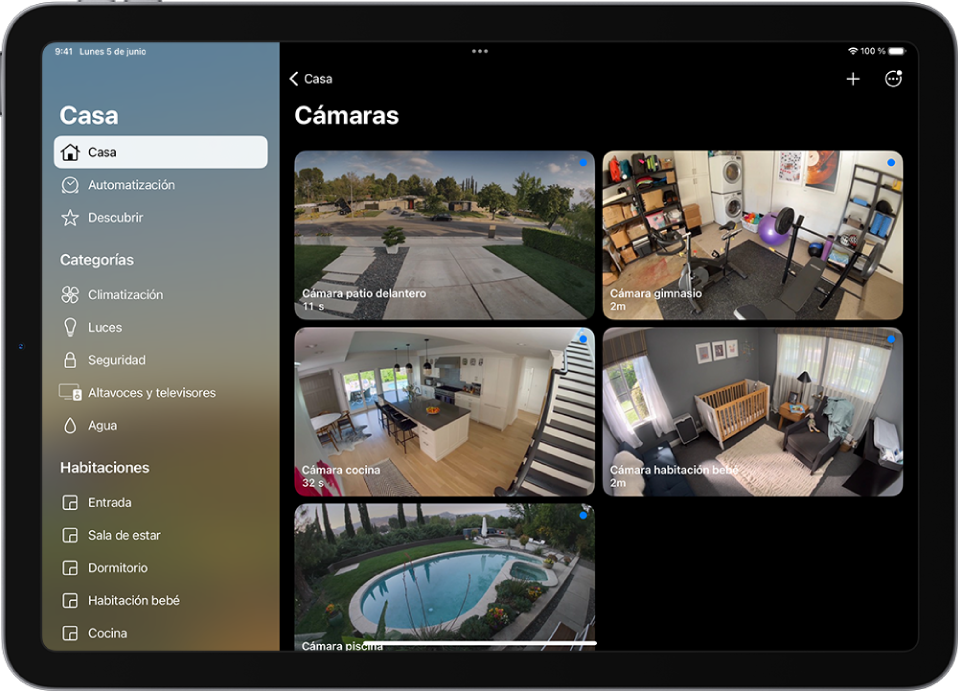 App Casa con la barra lateral a la izquierda. Casa aparece resaltada. A la derecha hay imágenes de cinco cámaras de seguridad.