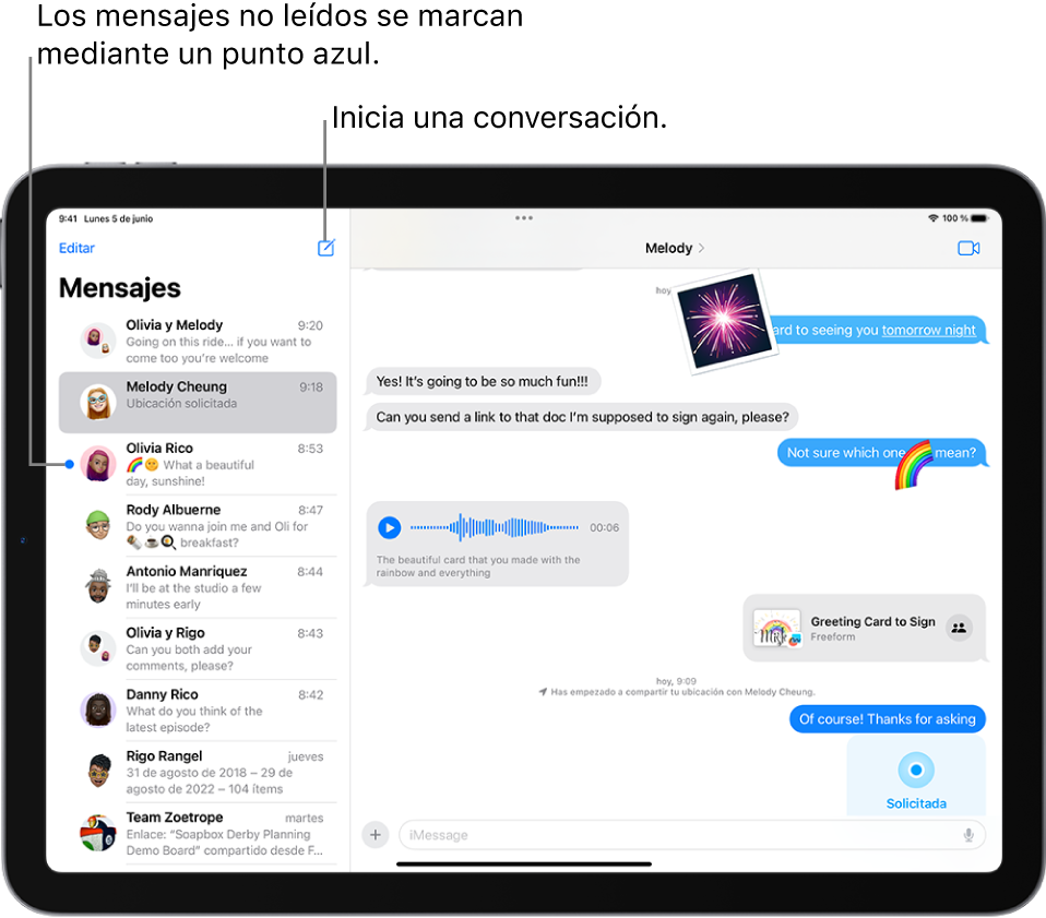 La lista de conversaciones a la izquierda y una conversación a la derecha. Toca el botón Redactar en la parte superior de la lista de conversaciones para empezar una nueva conversación. Un punto azul a la izquierda de un mensaje indica que no se ha leído.