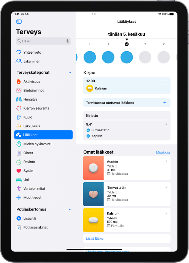 Terveys-apin Lääkkeet-näyttö, jossa näkyvät lääkkeiden päivämäärät ja kirjaukset.