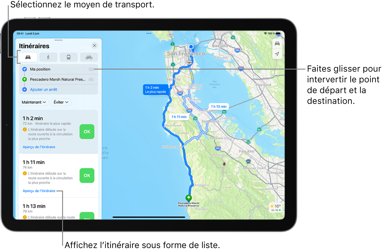 Plan affichant plusieurs itinéraires en voiture entre deux lieux, ainsi que des options permettant de choisir d’autres moyens de transport, d’intervertir le point de départ et la destination, et d’afficher les instructions d’un itinéraire sous la forme d’une liste.