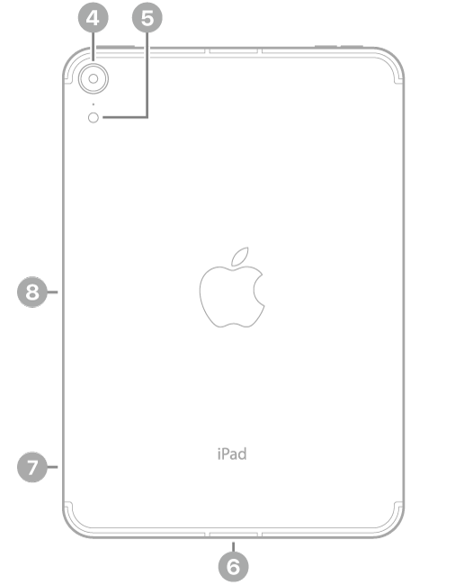 La vue de dos de l’iPad mini, avec des légendes liées à l’appareil photo arrière et au flash en haut à gauche, au connecteur USB-C en bas au centre, au support pour carte SIM (Wi-Fi   Cellular) en bas à gauche, ainsi qu’au connecteur magnétique pour l’Apple Pencil à gauche.
