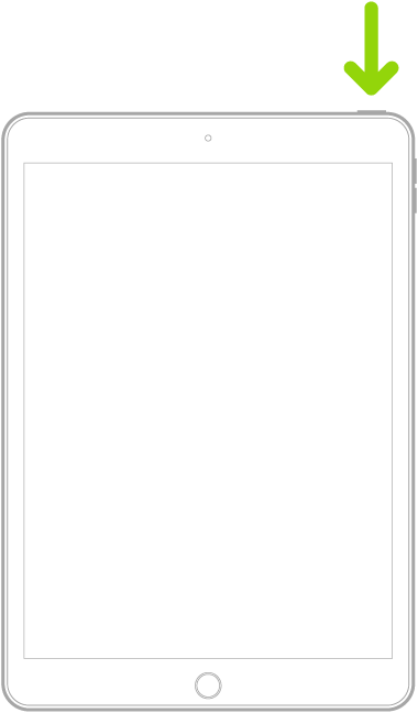Illustration d’un modèle d’iPad avec d’un bouton principal. Le bouton supérieur est affiché près du bord droit.