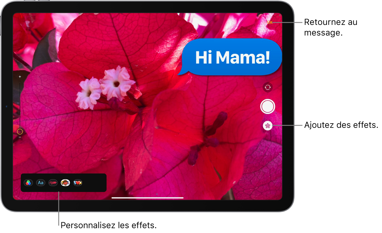 Modification d’une photo dans Messages. Des options permettant d’appliquer différents effets apparaissent dans le coin inférieur droit de la photo.