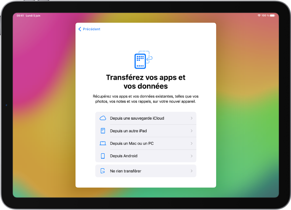 L’écran de configuration avec des options pour transférer vos apps et données depuis une sauvegarde iCloud, un autre iPad, un Mac ou un PC, ou un appareil Android.