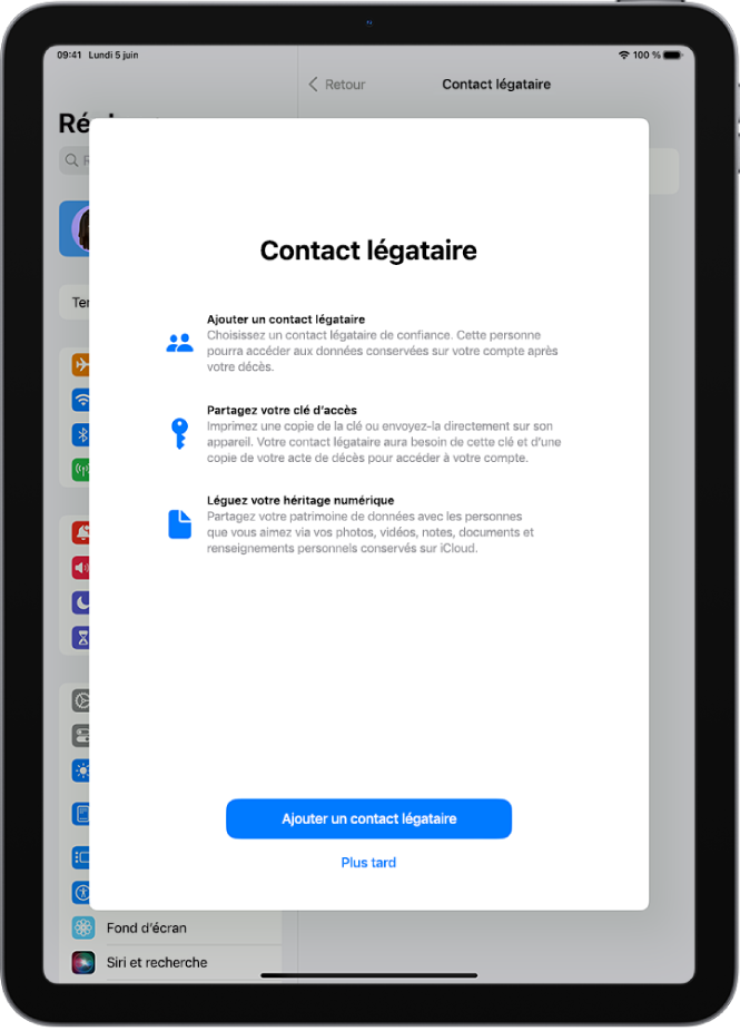 L’écran « Héritage numérique » avec des informations sur la fonctionnalité. Le bouton « Ajouter un contact légataire » se trouve en bas de l’écran.