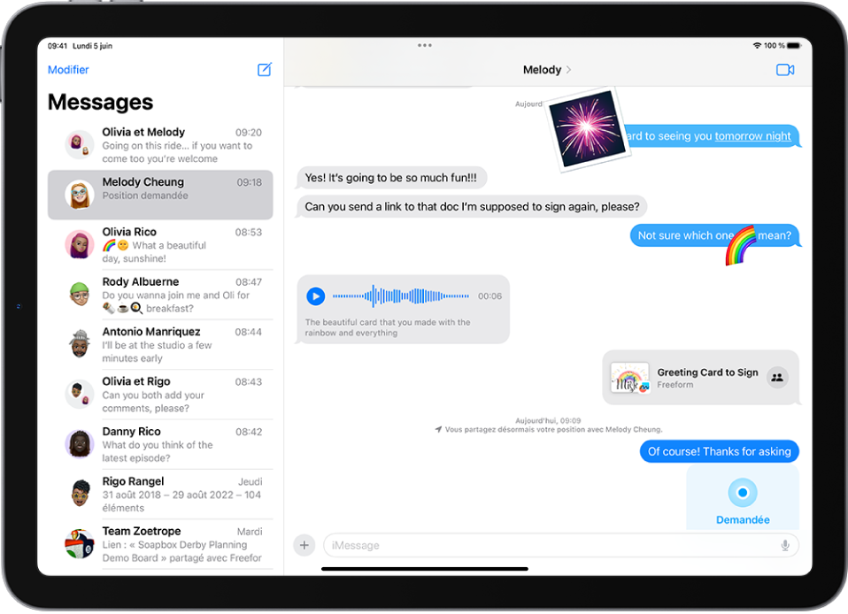 Conversation Messages contenant un message audio et sa transcription.