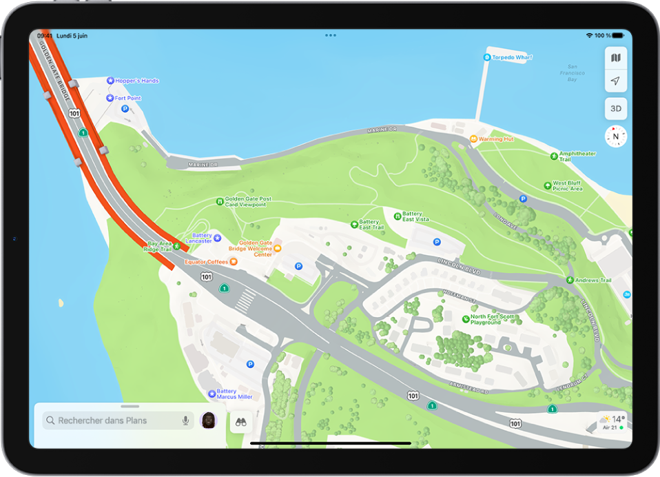 Plan d’un parc et de rues affichant des arbres, des points d’intérêt, ainsi que des services tels que la présence de sentiers de randonnées et de panoramas.